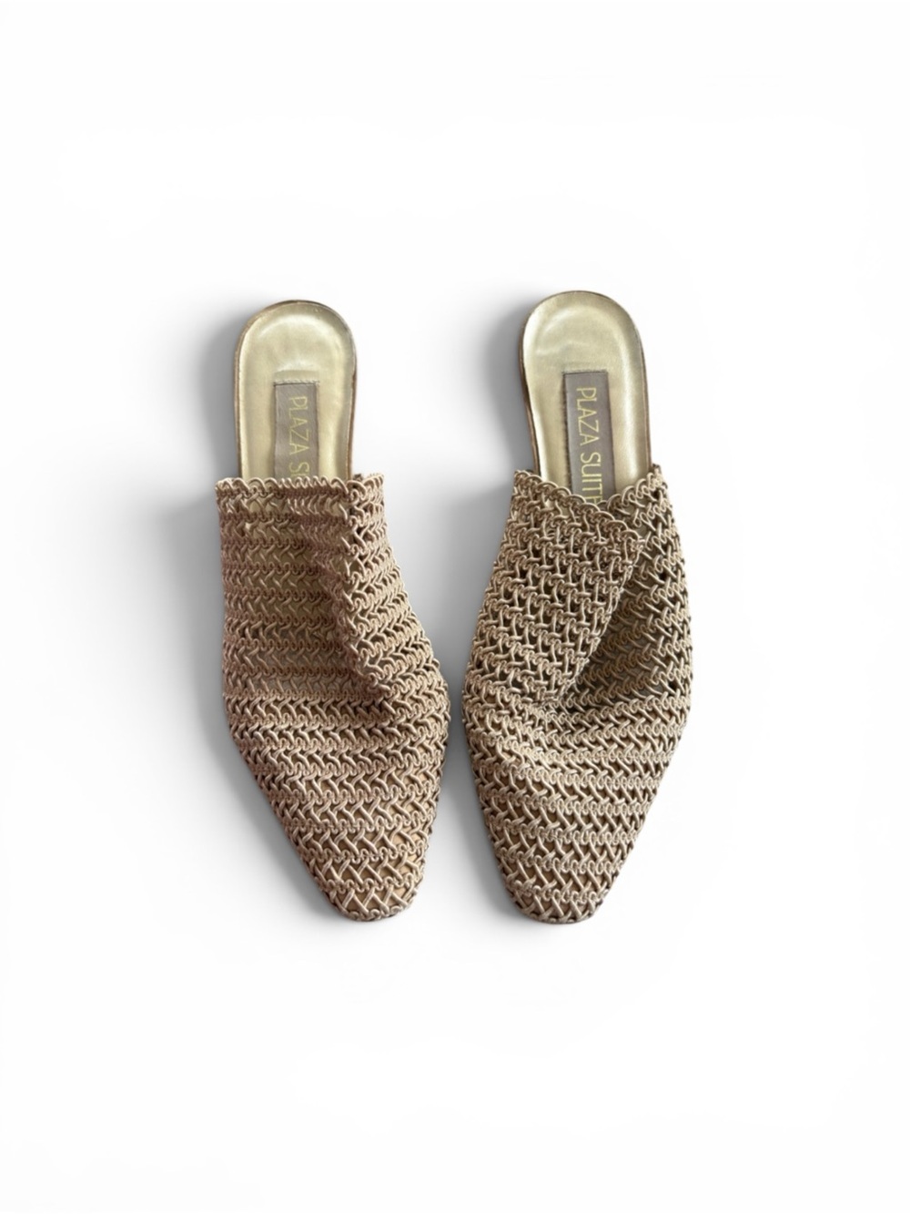 Vintage 90s Plaza Suite Woven Leather Pointed Toe Mules Tan Brazil